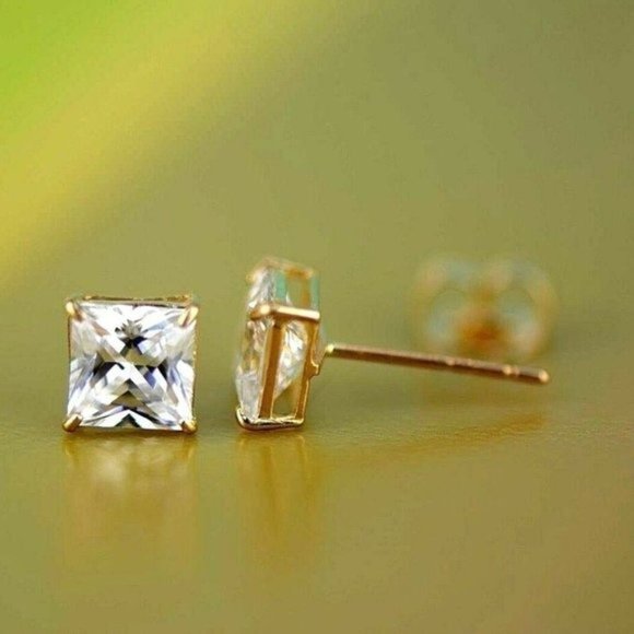 14k Yellow Gold Heavy Basket Princess Cut White Cubic Zirconia Stud Earring 10mm - Picture 5 of 10